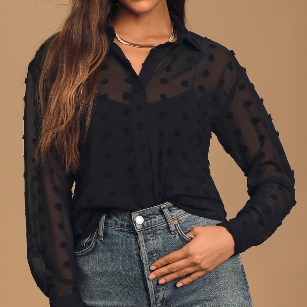 Lulu's Sheer Romance Black Swiss Dot Long Sleeve Button-Up Top
